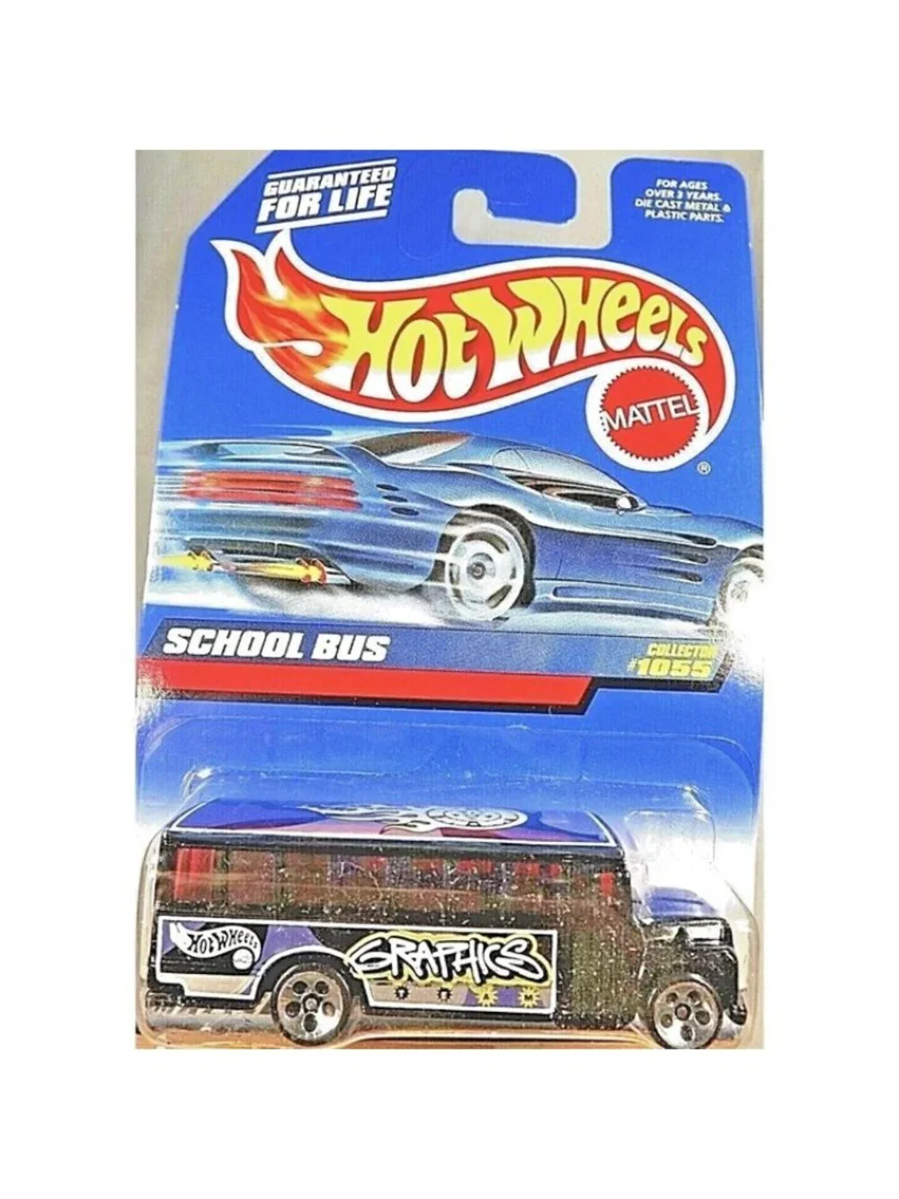 Vintage Die Cast Hot Wheels 1999 SCHOOL BUS #1055 Black Graphics 5 Hole Mattel